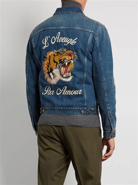 gucci embroidered tiger track jacket|Gucci tiger denim jacket.